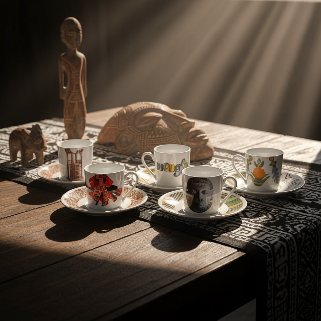 Coffret prestige spécial Bénin – 6 tasses en porcelaine fine française, ornées de motifs inspirés de l’histoire du Bénin