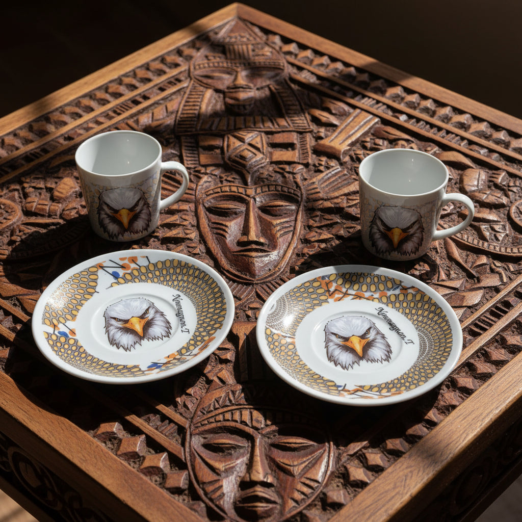 Tasse à Café en porcelaine Française avec soucoupe motif plein wax d'Afrique Gammaphone avec aigle