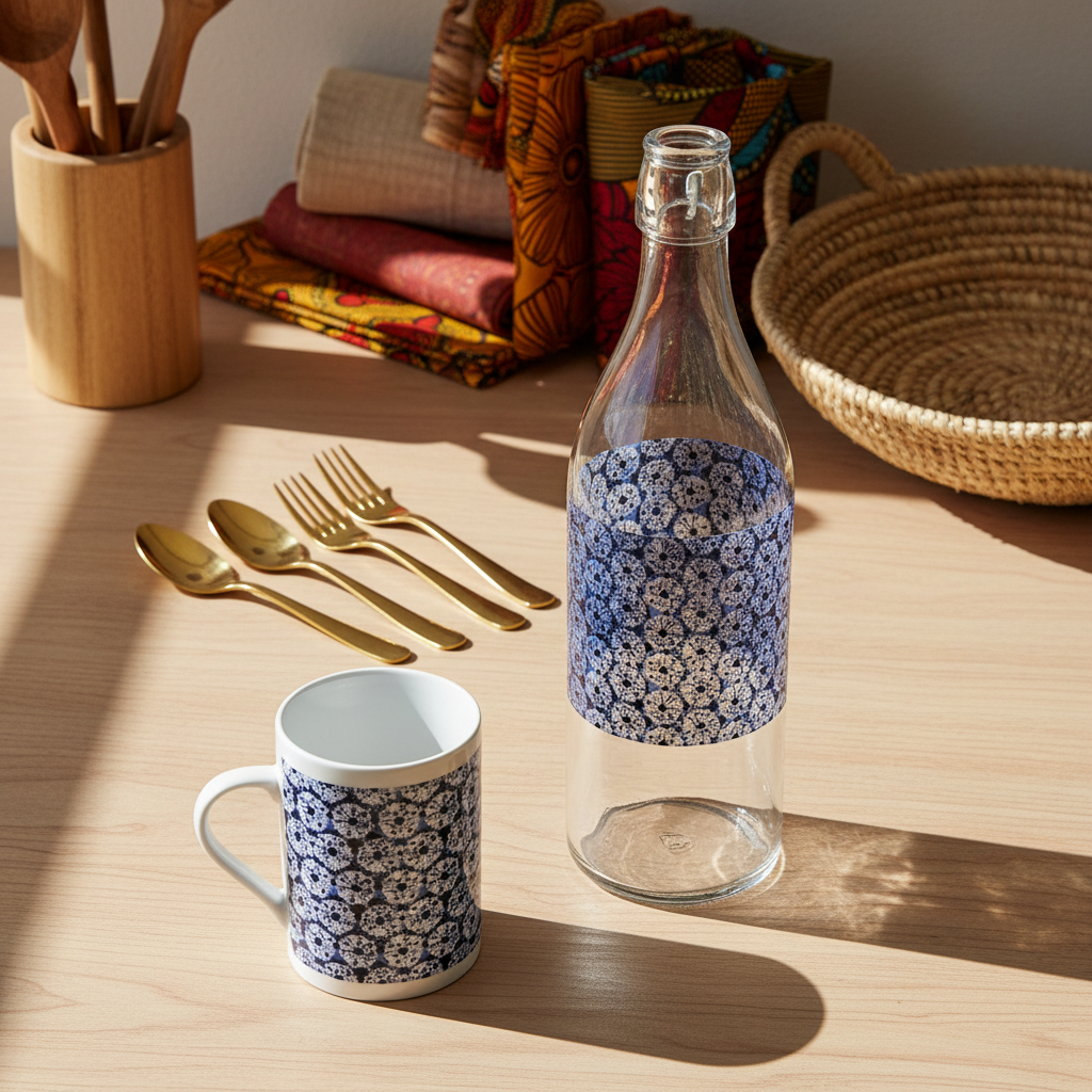 Bouteille en verre motif wax d'Afrique "indigo"