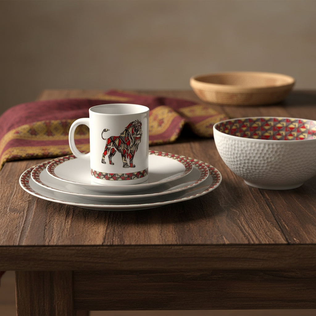 Coffret d'assiettes rondes en porcelaine fine Française avec  motif anneaux fins Ethnique bogolan détaillé avec "lion" de Côte d'ivoire (6 assiettes)