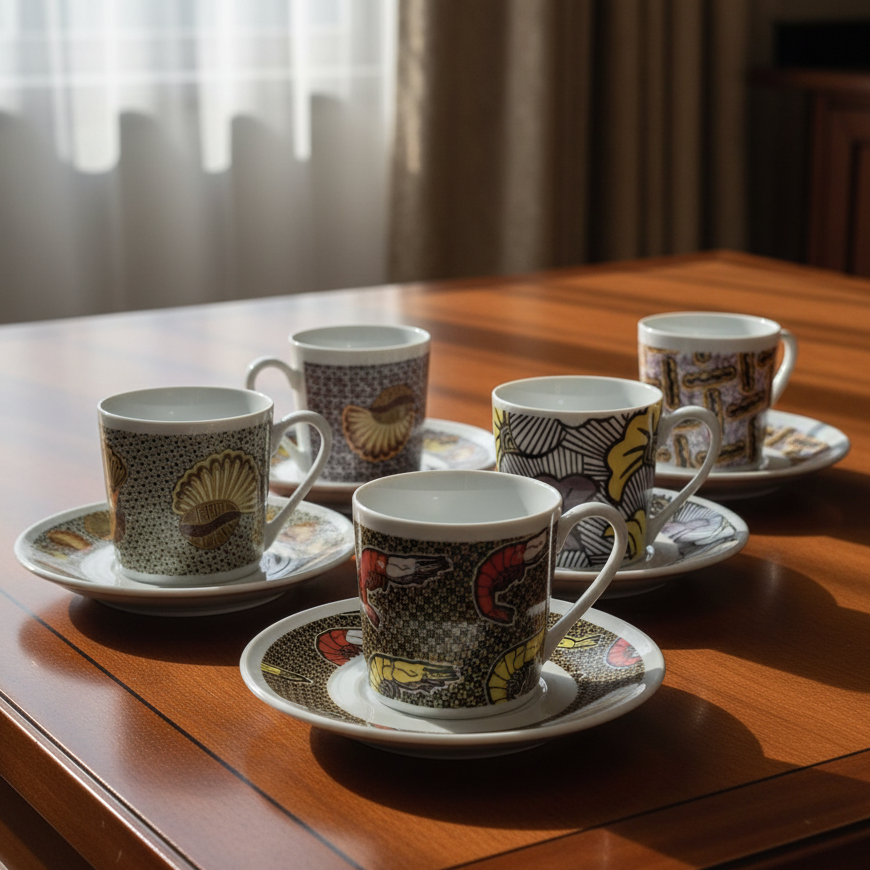 Tasse à Café en porcelaine Française avec soucoupe motif plein wax d'Afrique "crevettes/Shrimp"