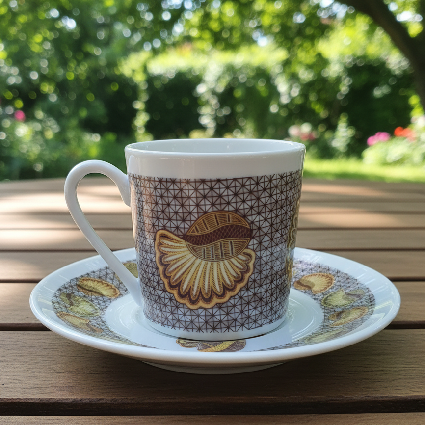 Tasse à Café en porcelaine Française avec soucoupe motif plein wax d'Afrique motif "escargot"