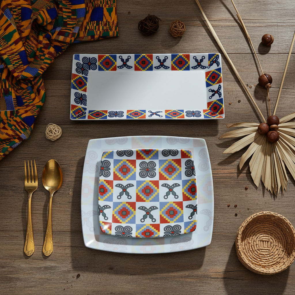 Plat rectangulaire en faïence motif wax d'Afrique "Adinkra"