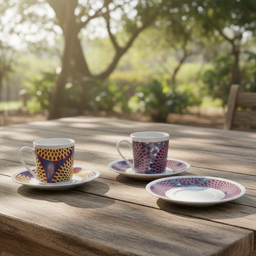 Tasse à Café en porcelaine Française avec soucoupe motif plein wax d'Afrique Gammaphone violet