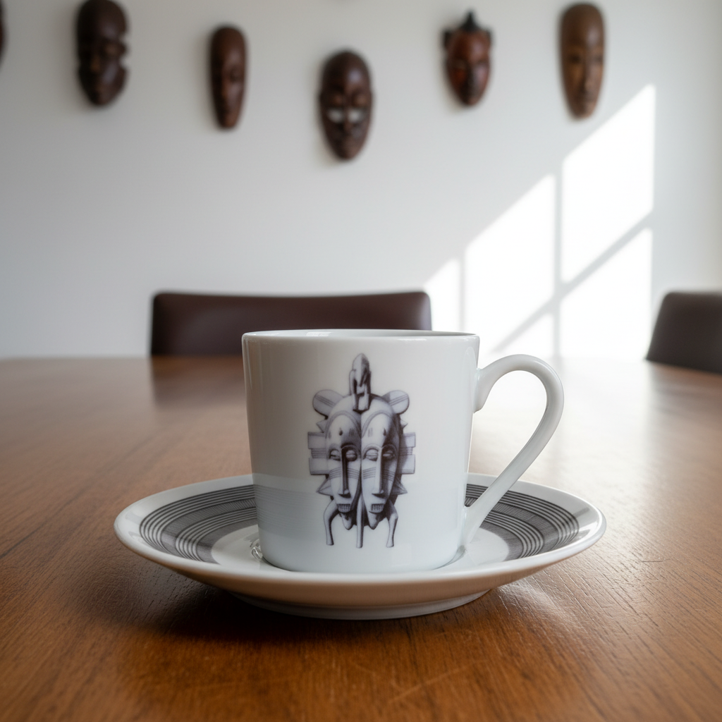 Vue de face de la tasse au masque Kpélié sur soucoupe rayée, table en bois et masques muraux en fond
