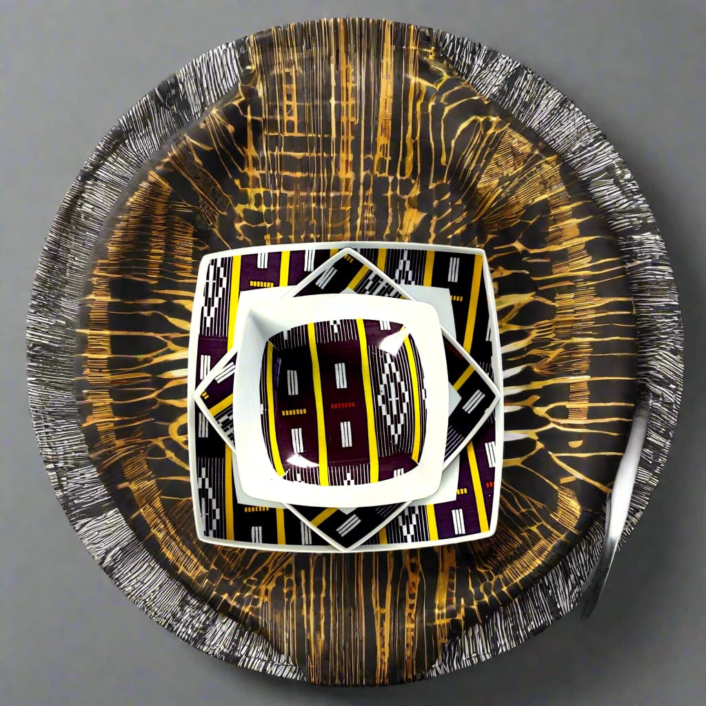 Coffret d'assiettes carrées en porcelaine fine Française fabriquées à la demande avec motif bande Ethnique d'Afrique "Baoulé" de Côte d'Ivoire dans coffret de 6 assiettes