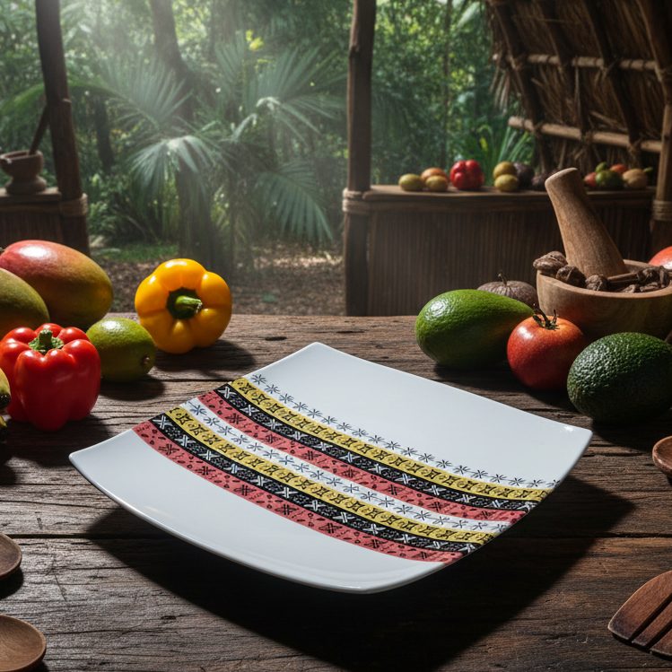 Coffret d'assiettes carrées en porcelaine fine Française fabriquées à la demande avec motif bande Ethnique d'Afrique " Bogolan avec coris" dans coffret de 12 assiettes