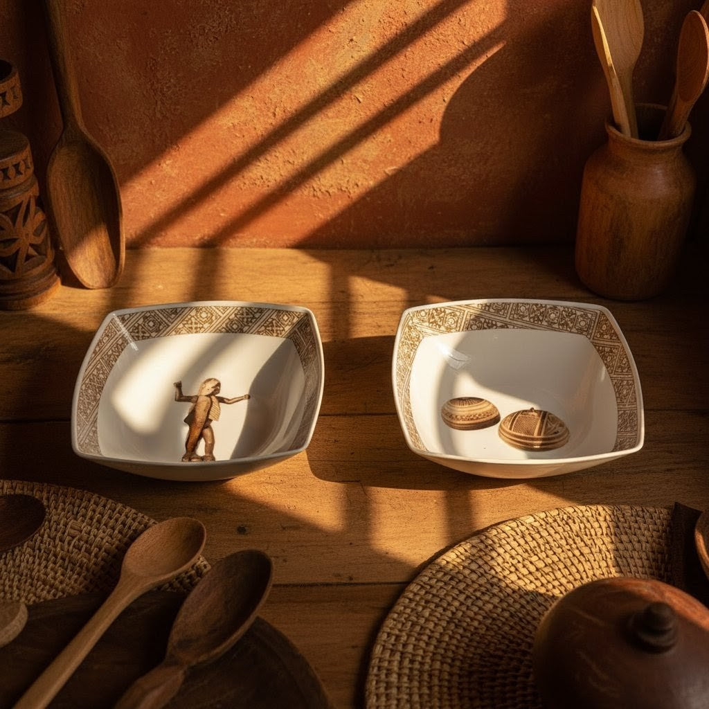Coffret de 6 Assiettes Carrées en Porcelaine Fine – Motif “Œuvres Sacrées du Bénin”