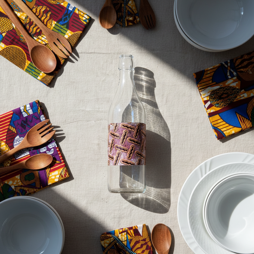 Bouteille en verre motif wax d'Afrique "haricot"