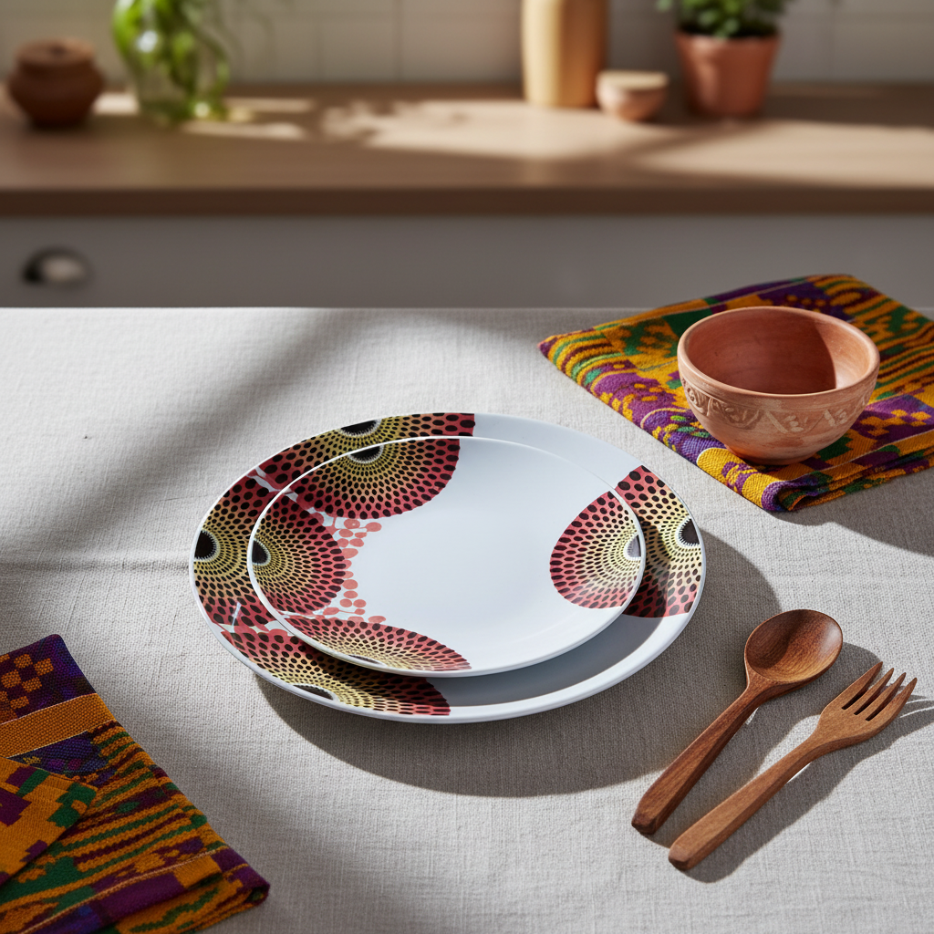 Coffret d'assiettes rondes en porcelaine Française fabriquées à la demande avec motif wax d'Afrique asymetrique Gammaphone multicolores