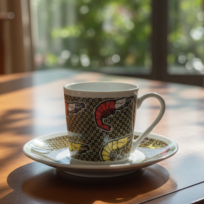 Tasse à Café en porcelaine Française avec soucoupe motif plein wax d'Afrique "crevettes/Shrimp"