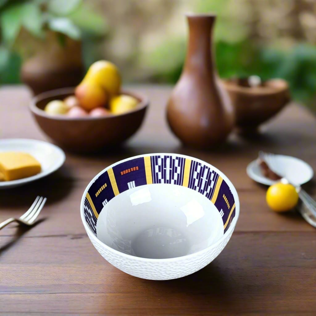 Bol grenaillé à l'extérieur en porcelaine fine Française fabriquées à la demande, motif de Côte d'Ivoire "Baoulé"