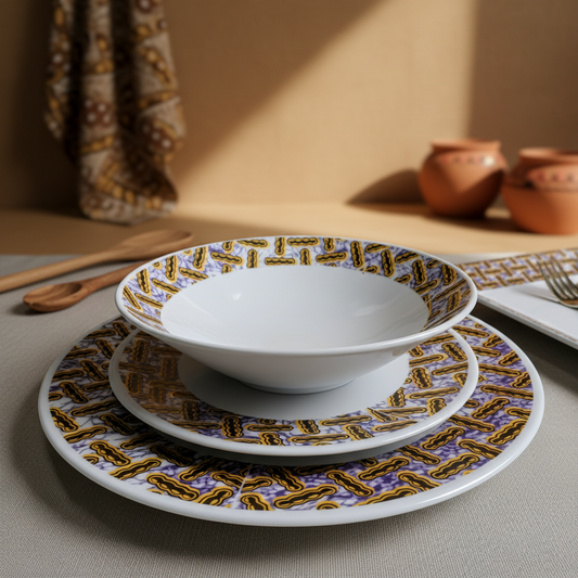 Coffret d'assiettes rondes en porcelaine fine Française avec  motif anneaux WAX "Haricot"  (6 assiettes)