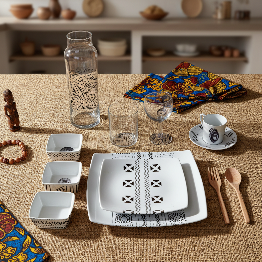 Pichet / bouteille large en verre motif d'Afrique ethnique "Bogolan"