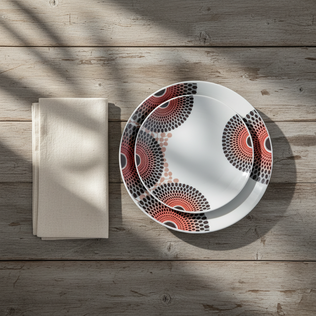Coffret d'assiettes rondes en porcelaine Française fabriquées à la demande avec motif wax d'Afrique asymetrique Gammaphone multicolores