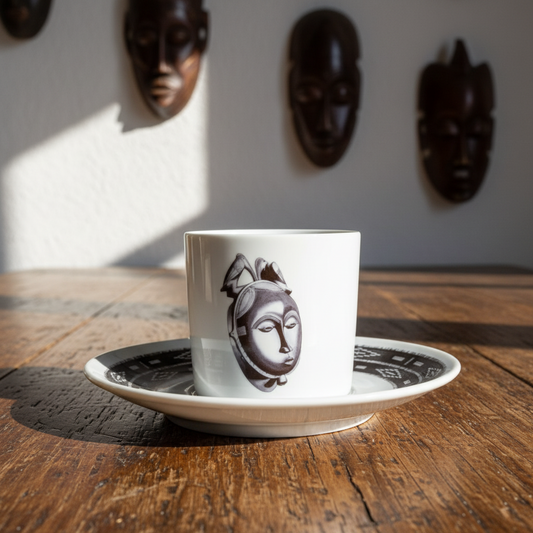 Tasse à café en porcelaine fine Française fabriqué à la demande, motif d'Afrique, Côté d'Ivoire extérieur masques "Baoulé"