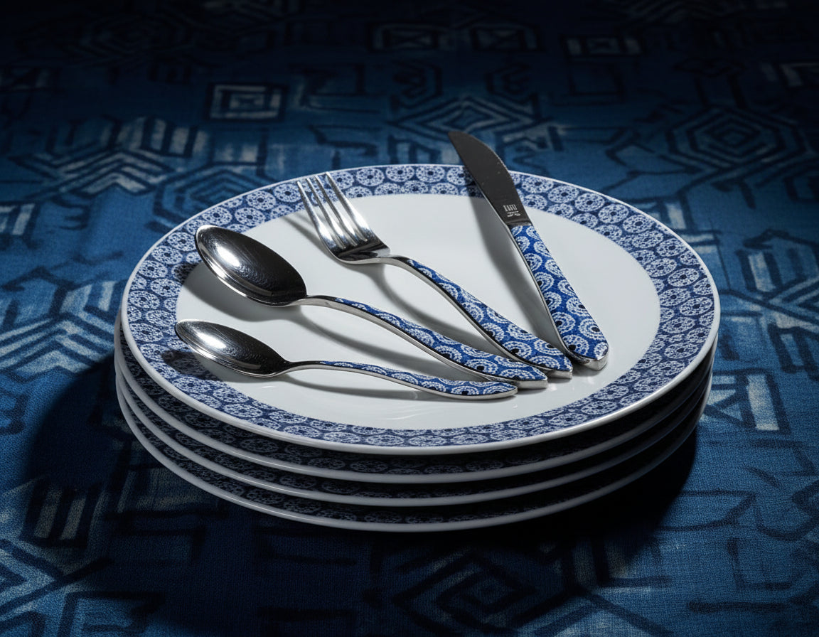 Mug en porcelaine fine Française grenaillé à l'extérieur, motif  d'Afrique "petits soleils indigo" bleu à l'intérieur