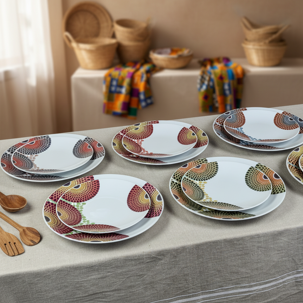 Coffret d'assiettes rondes en porcelaine Française fabriquées à la demande avec motif wax d'Afrique asymetrique Gammaphone multicolores
