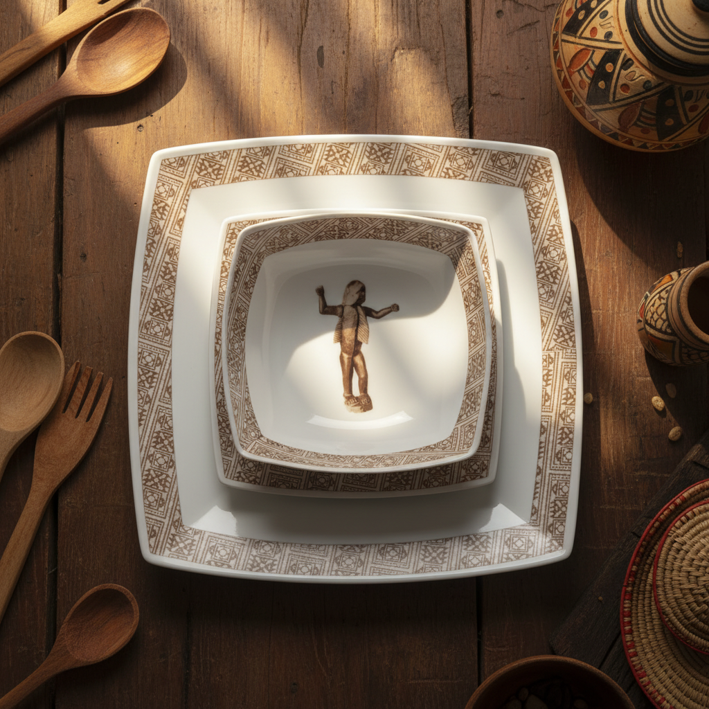 Coffret de 6 Assiettes Carrées en Porcelaine Fine – Motif “Œuvres Sacrées du Bénin”