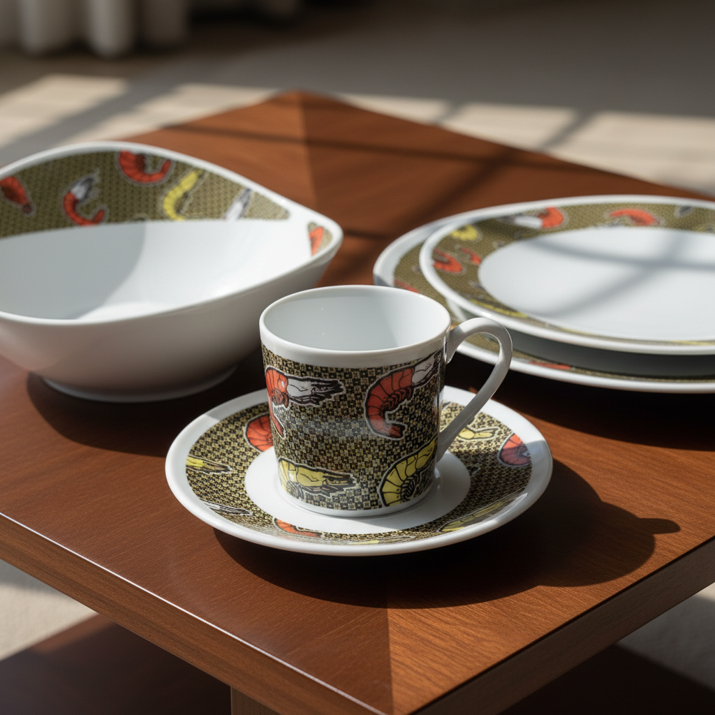 Tasse à Café en porcelaine Française avec soucoupe motif plein wax d'Afrique "crevettes/Shrimp"