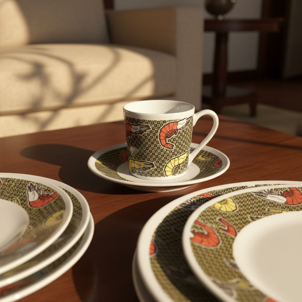 Tasse à Café en porcelaine Française avec soucoupe motif plein wax d'Afrique "crevettes/Shrimp"