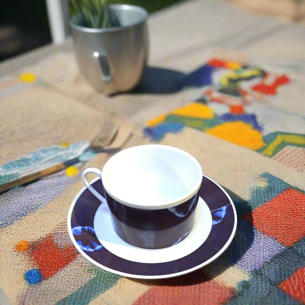 Tasse à Thé avec soucoupe en porcelaine fine Française fabriquées à la demande motif ethnique plein d'Afrique "Indigo" bleu