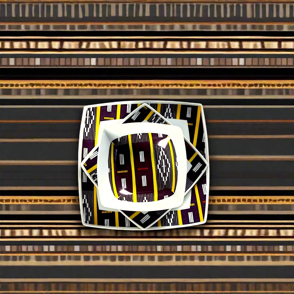 Coffret d'assiettes carrées en porcelaine fine Française fabriquées à la demande avec motif bande Ethnique d'Afrique "Baoulé" de Côte d'Ivoire dans coffret de 6 assiettes
