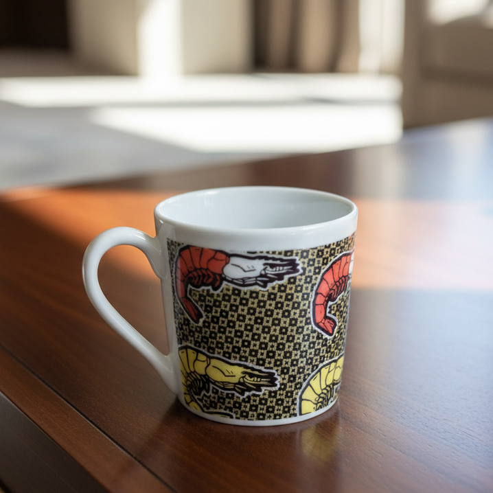 Tasse à Café en porcelaine Française avec soucoupe motif plein wax d'Afrique "crevettes/Shrimp"
