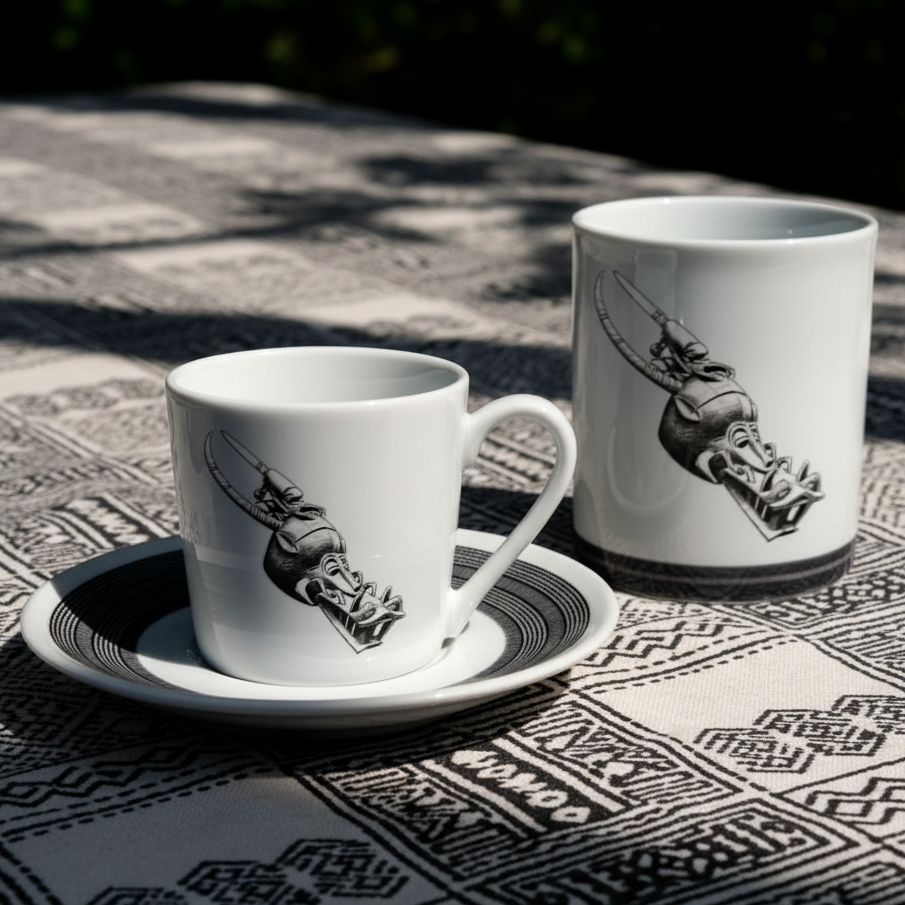Mug ou Tasse à café en porcelaine fine Française fabriqué à la demande, motif d'Afrique, Côté d'Ivoire MASQUE HEAUME SENOUFO, A tête d'animal à la gueule béante armé de crocs 4