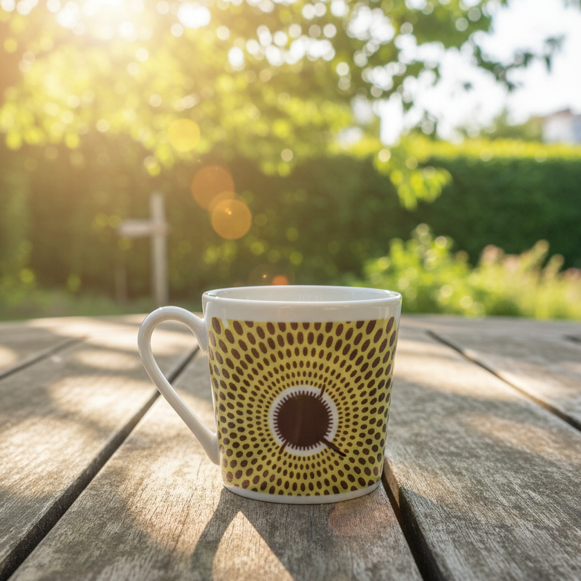 Tasse à Café en porcelaine Française avec soucoupe motif plein wax d'Afrique Gammaphone Jaune et Vert