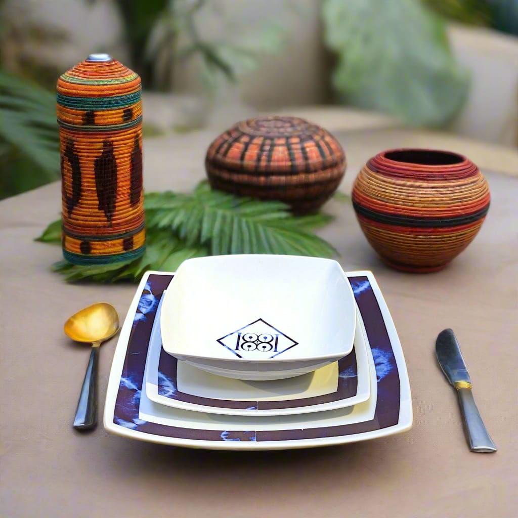 Coffret d'assiettes carrées en porcelaine fine Française fabriquées à la demande avec motif ethnique d'Afrique bleu nuit " Indigo", présenté dans un coffret de 6 assiettes