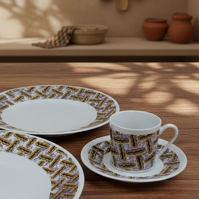 Tasse à Café en porcelaine Française avec soucoupe motif plein wax d'Afrique motif "haricot"