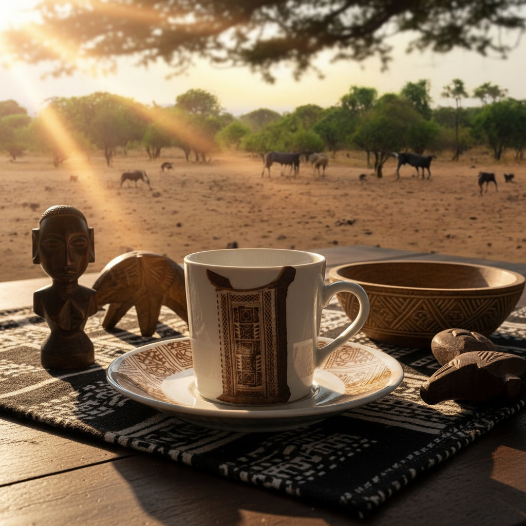 Coffret prestige spécial Bénin – 6 tasses en porcelaine fine française, ornées de motifs inspirés de l’histoire du Bénin