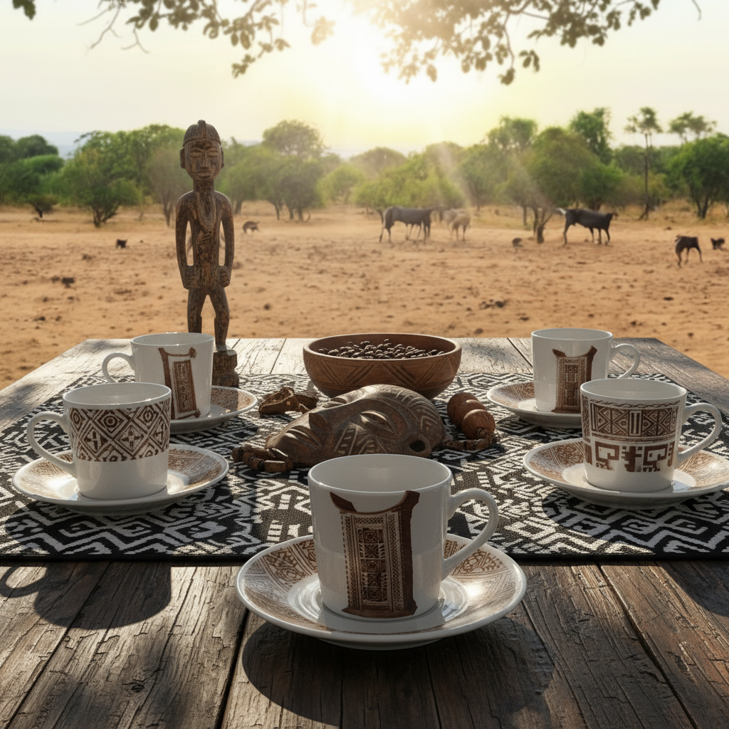 Coffret prestige spécial Bénin – 6 tasses en porcelaine fine française, ornées de motifs inspirés de l’histoire du Bénin