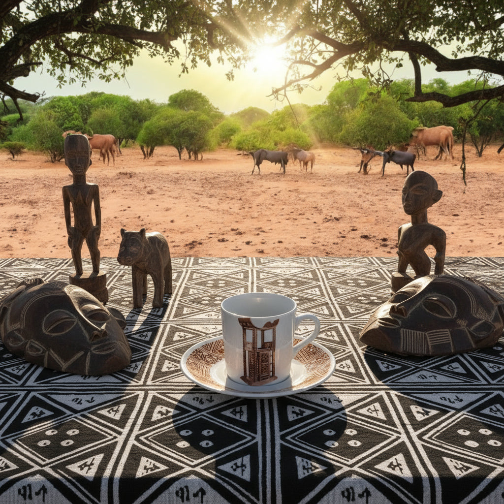 Coffret prestige spécial Bénin – 6 tasses en porcelaine fine française, ornées de motifs inspirés de l’histoire du Bénin