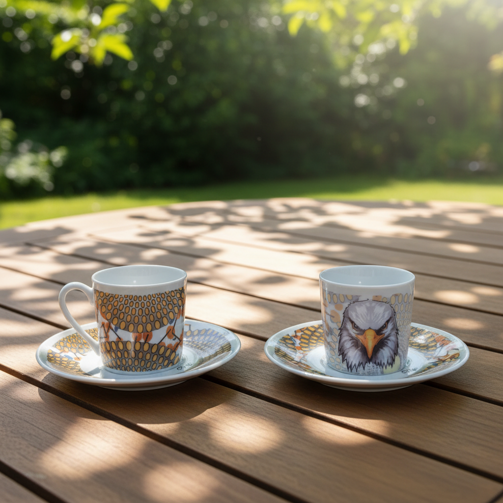 Tasse à Café en porcelaine Française avec soucoupe motif plein wax d'Afrique Gammaphone gris et orangé