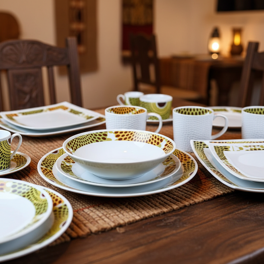 Set of French porcelain plates made to order with fine "Gammaphone" ring motif in a box (6 pieces)