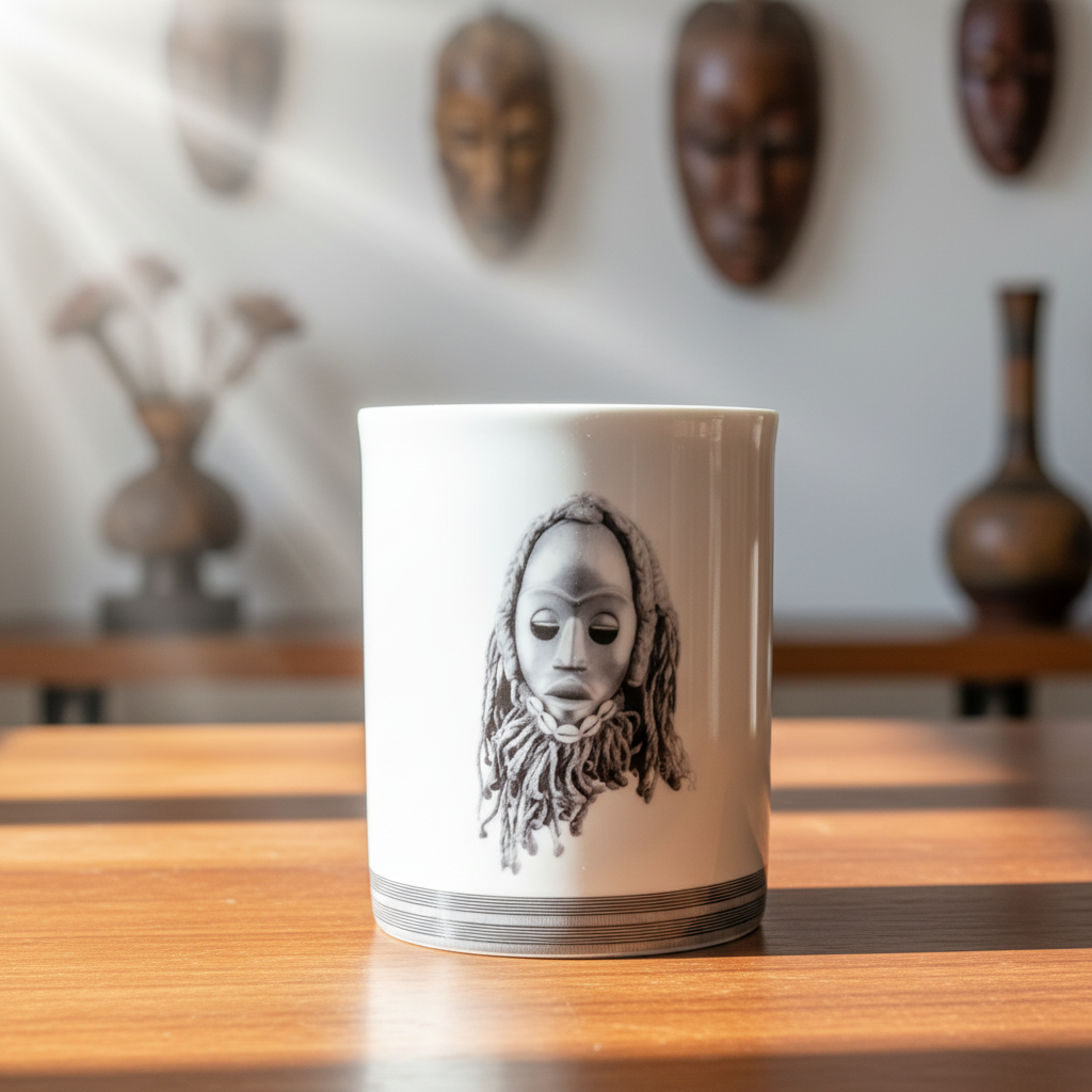 Vue de face du mug au masque de course Dan Gunye Ge sur table en bois, masques au mur