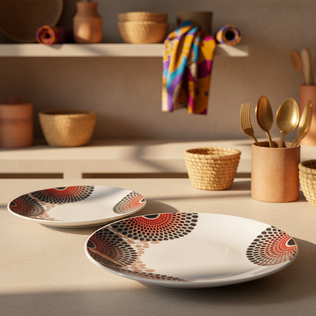 Coffret d'assiettes rondes en porcelaine Française fabriquées à la demande avec motif wax d'Afrique asymetrique Gammaphone multicolores