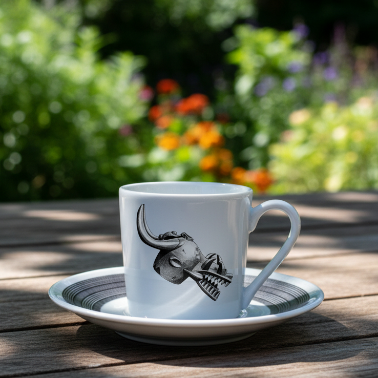 Mug ou Tasse à café en porcelaine fine Française fabriqué à la demande, motif d'Afrique, Côté d'Ivoire MASQUE HEAUME SENOUFO, A tête d'animal à la gueule béante armé de crocs 3