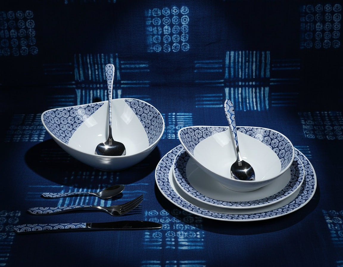 Mug en porcelaine fine Française grenaillé à l'extérieur, motif  d'Afrique "petits soleils indigo" bleu à l'intérieur