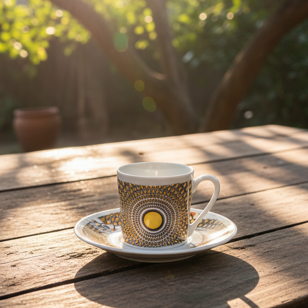 Tasse à Café en porcelaine Française avec soucoupe motif plein wax d'Afrique Gammaphone gris et orangé