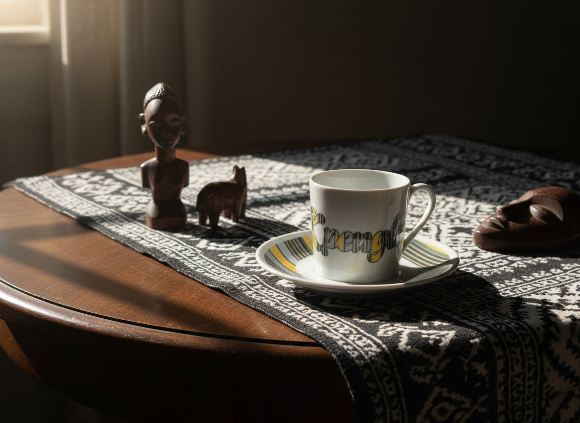 Coffret prestige spécial Bénin – 6 tasses en porcelaine fine française, ornées de motifs inspirés de l’histoire du Bénin