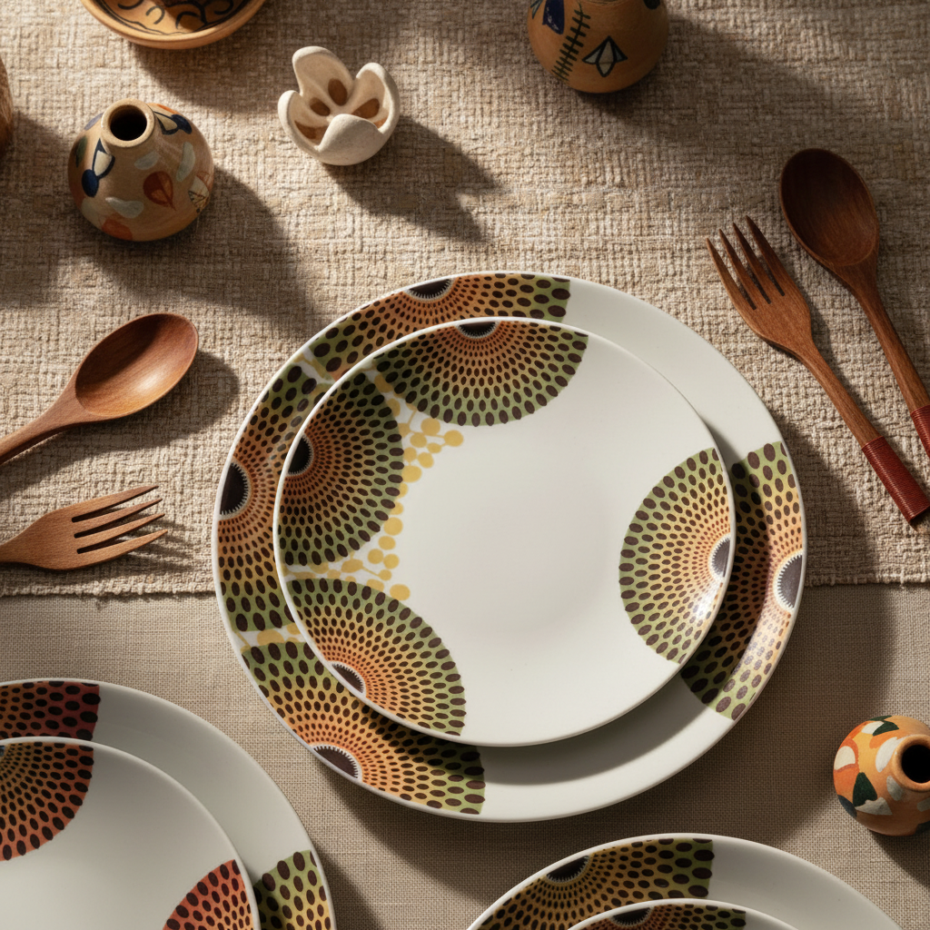 Coffret d'assiettes rondes en porcelaine Française fabriquées à la demande avec motif wax d'Afrique asymetrique Gammaphone multicolores