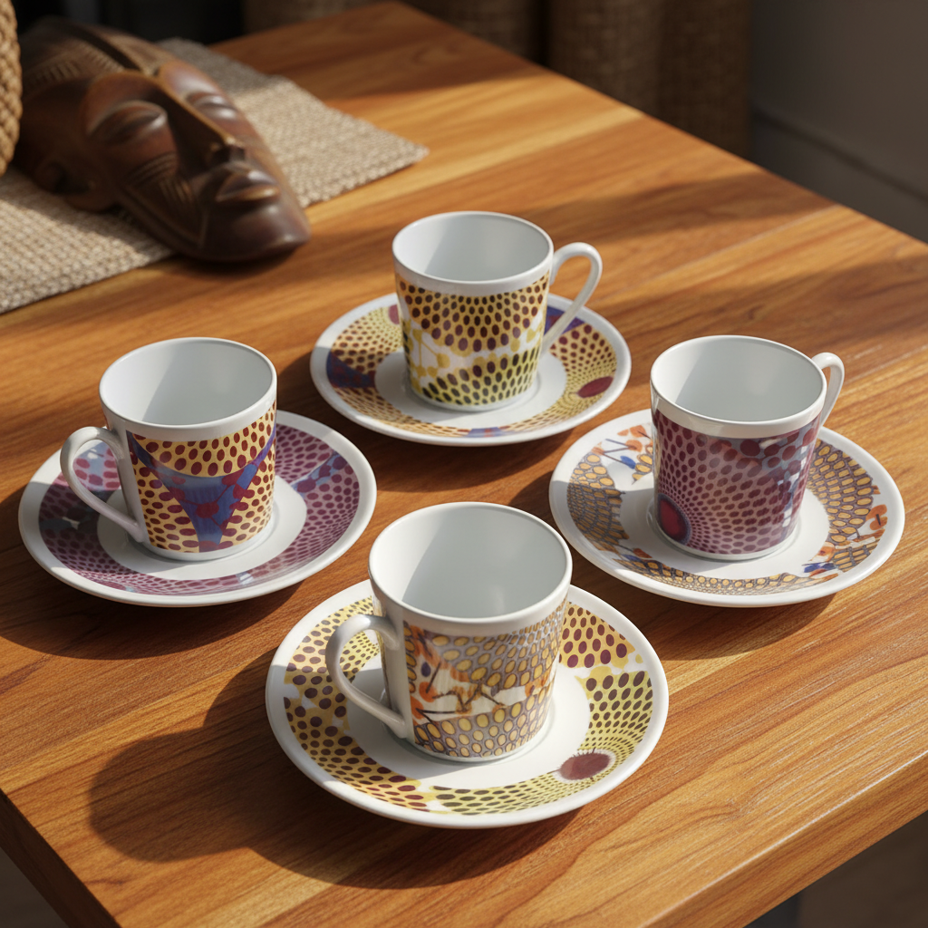 Tasse à Café en porcelaine Française avec soucoupe motif plein wax d'Afrique Gammaphone gris et orangé
