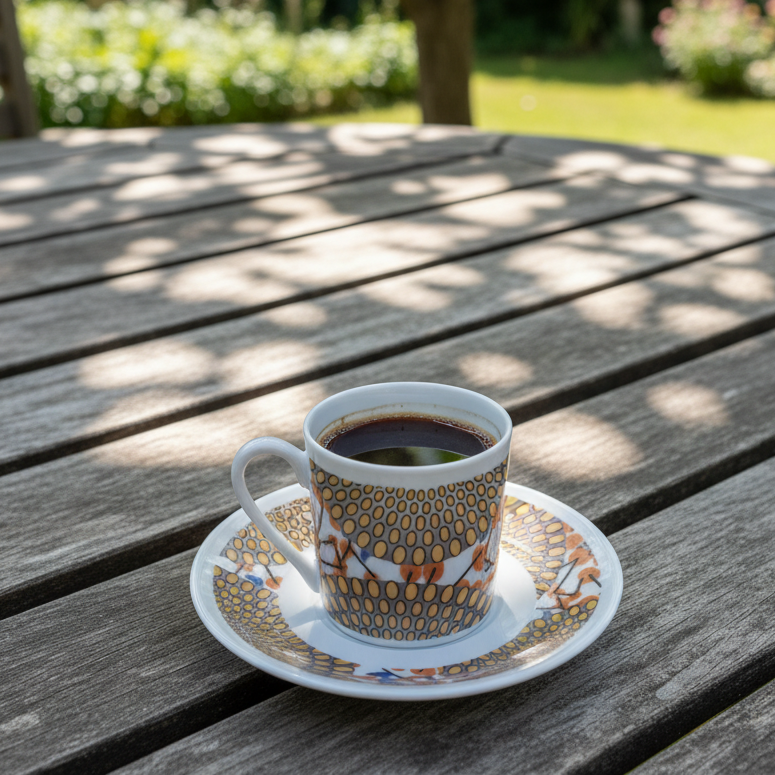 Tasse à Café en porcelaine Française avec soucoupe motif plein wax d'Afrique Gammaphone gris et orangé
