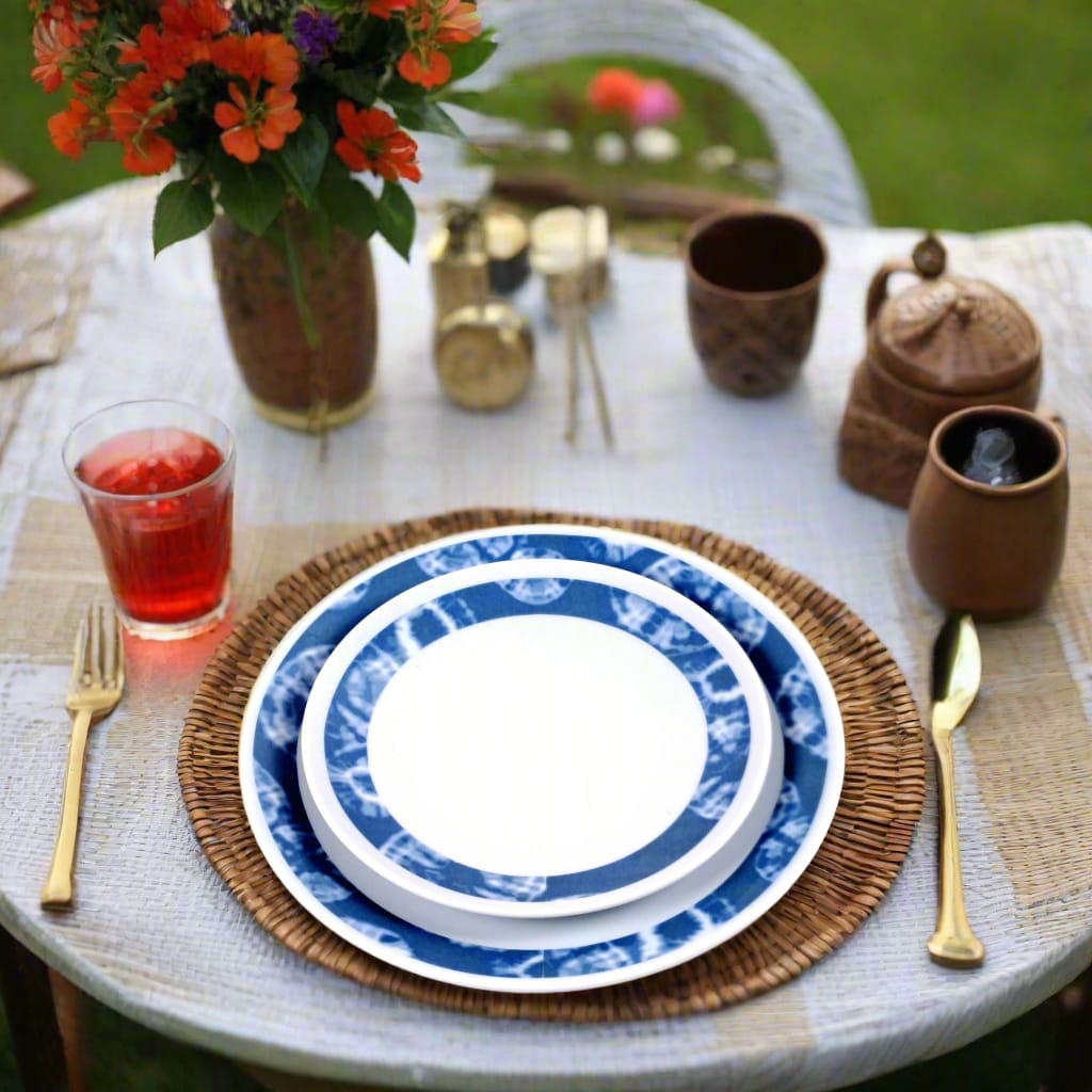 Coffret d'assiettes rondes en porcelaine fine Française fabriquées à la demande avec motif anneaux larges ethnique d'Afrique "Indigo" bleu dans coffret de 6 assiettes