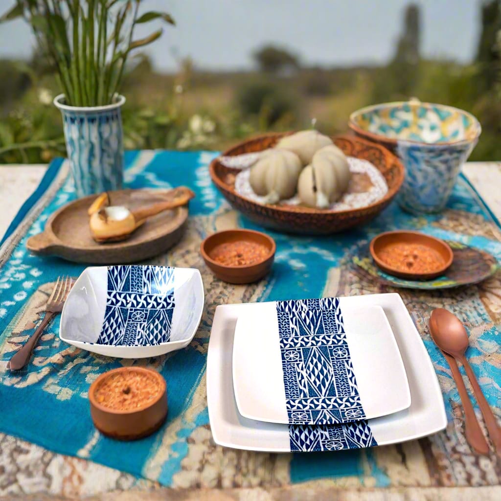 Coffret d'assiettes carrées en porcelaine fine Française fabriquées à la demande avec motif bande ethnique d'Afrique "Ndop" bleu du Cameroun, présenté dans un coffret de 6 assiettes.