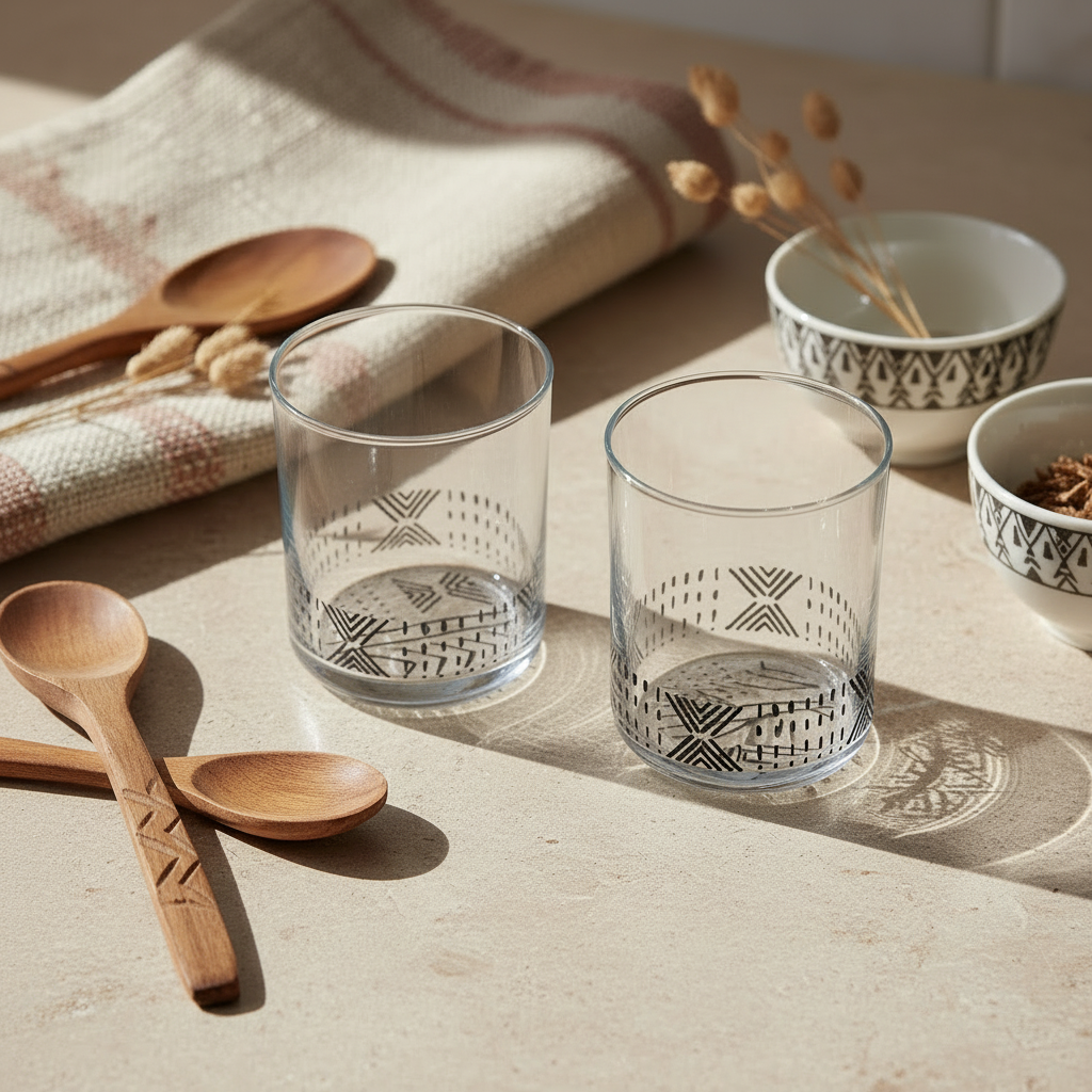 Pichet / bouteille large en verre motif d'Afrique ethnique "Bogolan"