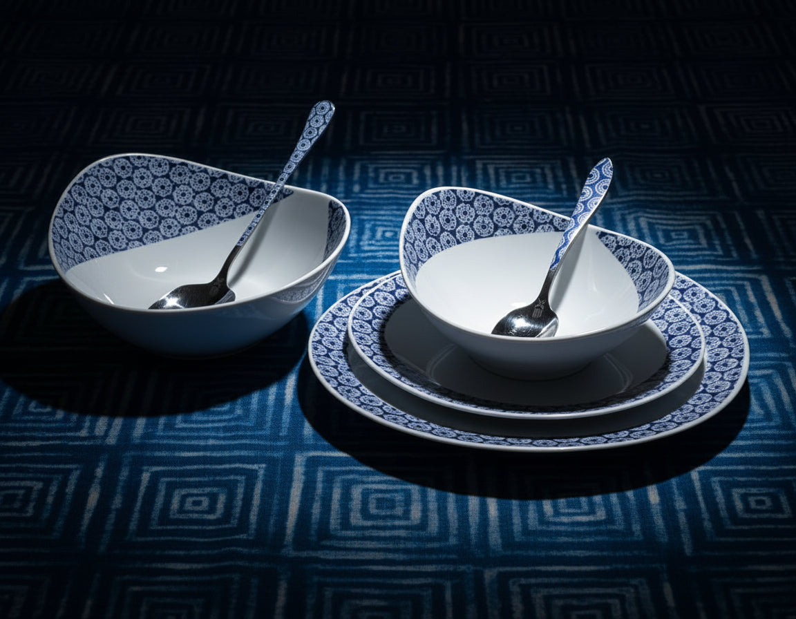 Mug en porcelaine fine Française grenaillé à l'extérieur, motif  d'Afrique "petits soleils indigo" bleu à l'intérieur